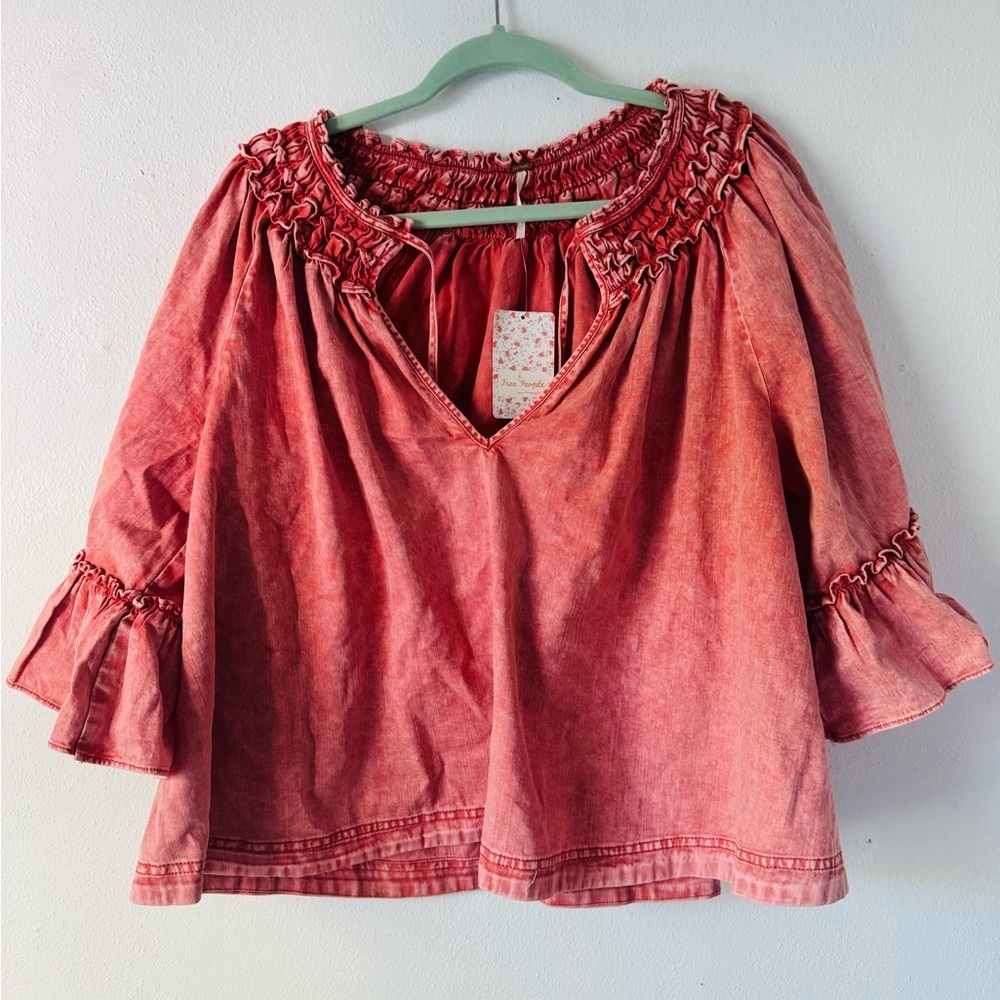NWT Free People Ainsley Denim Top Smocked Bell Sleeve Blouse - Picture 5 of 12